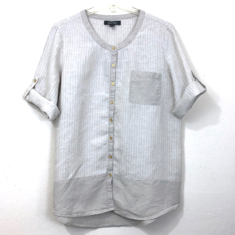 Ellen Tracy Linen Pinstriped Tab Sleeve Top